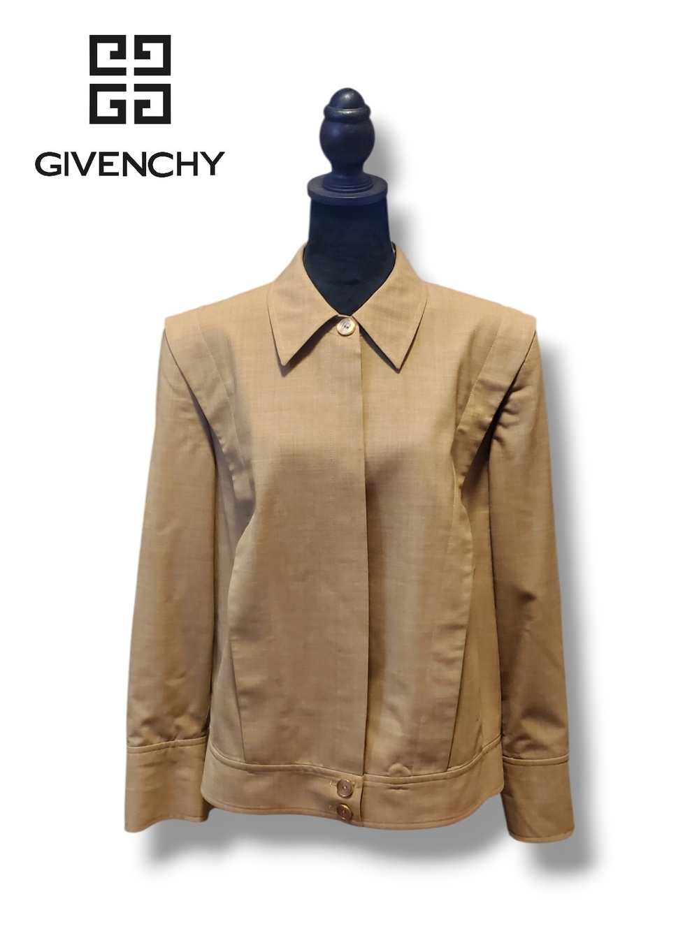 Vintage Selection de Givenchy Wool Y2K Blazer Tan 14W Virgin Wool Logo Buttons